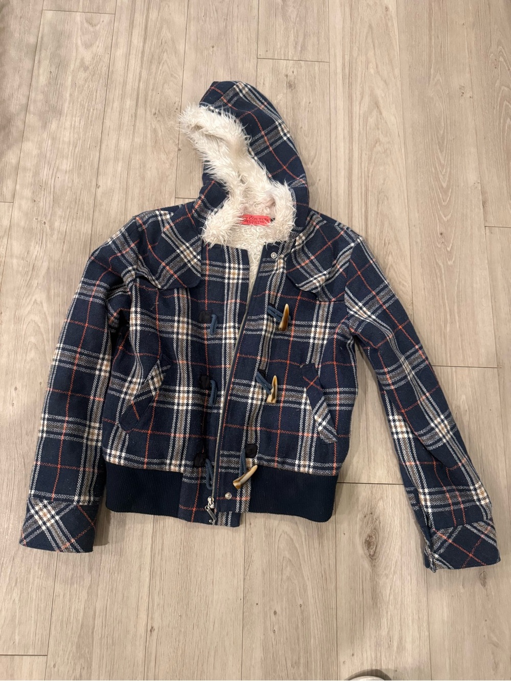 Juicy Couture Navy Plaid Hooded Toggle Coat with Faux Fur Trim vintage y2k rare